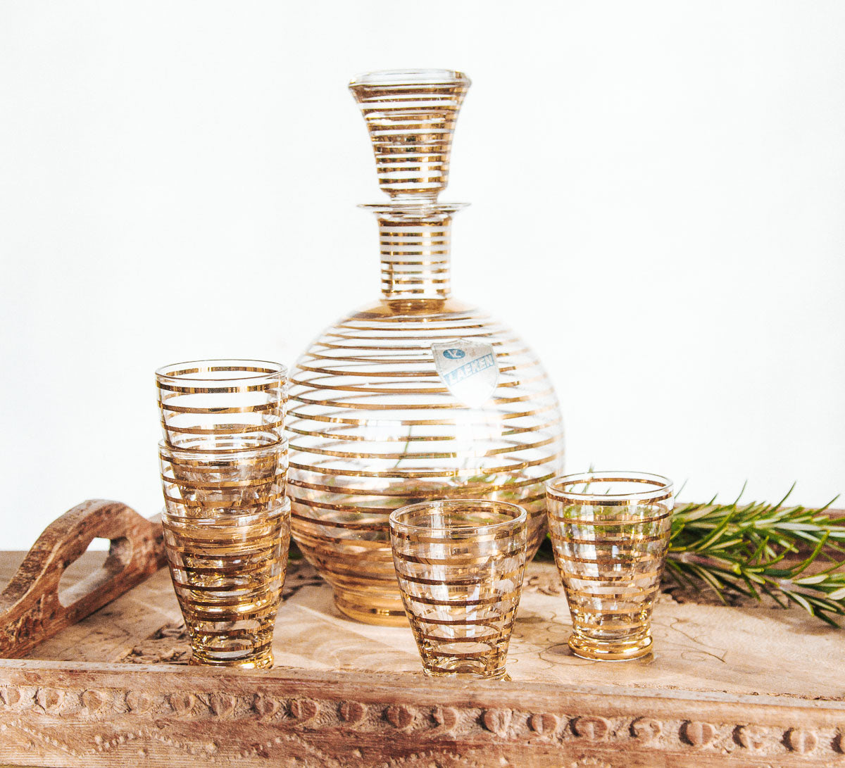 vintage boho laeken belguim gold glass decanter and shot glasses