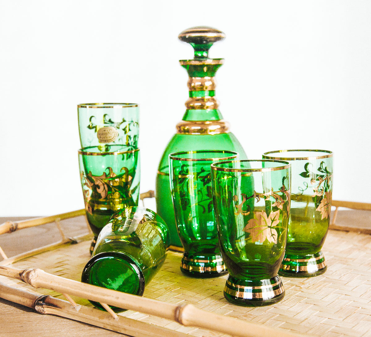 vintage bohemia czechoslovakia green and gold glass jug and with gold leaf and 6 glasses