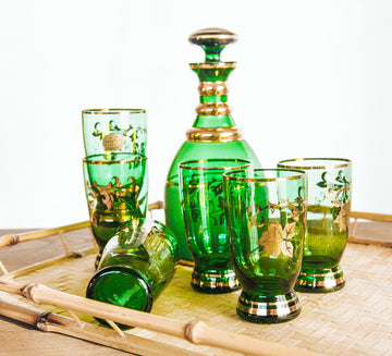 vintage bohemia czechoslovakia green and gold glass jug and with gold leaf and 6 glasses