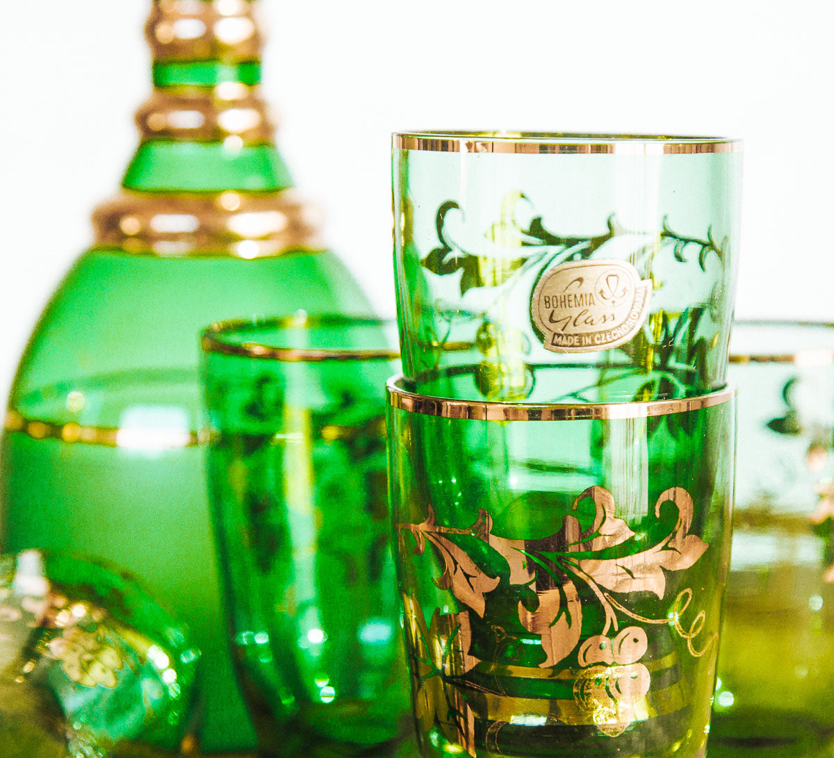 vintage bohemian green and gold glass jug and with gold leaf and 6 glasses