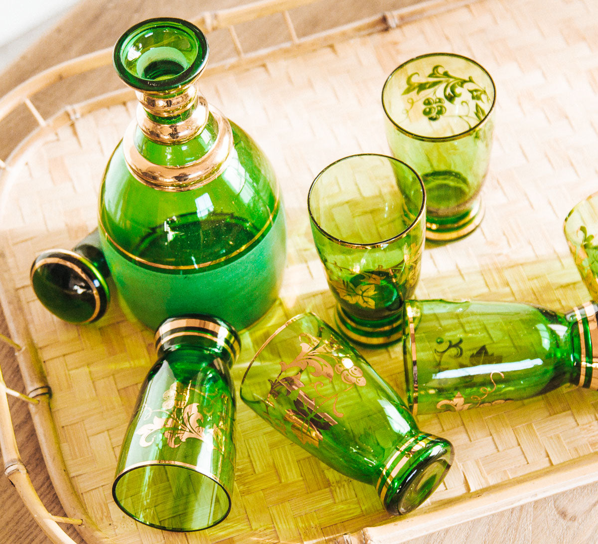 vintage bohemian green and gold glass jug and with gold leaf and 6 glasses