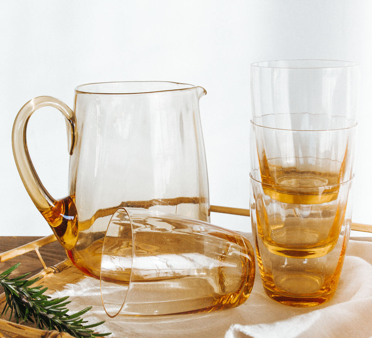 vintage boho hand blown glass jug amber gold with glass tumblers