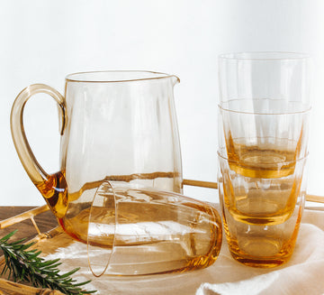 vintage boho hand blown glass jug amber gold with glass tumblers