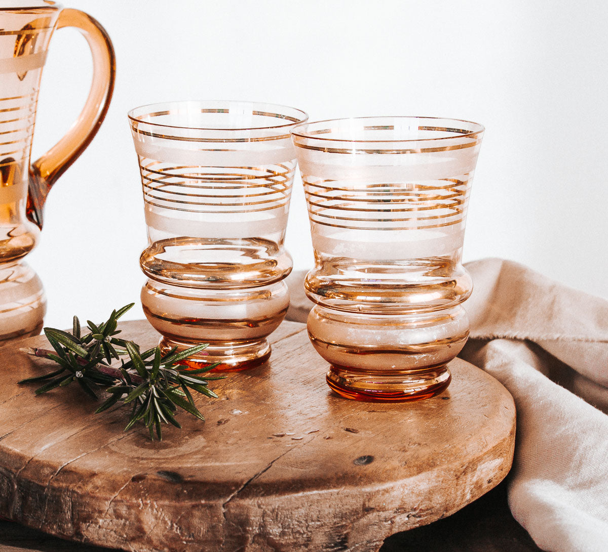 vintage bohemian gold glass jug with blush tones and 6 glass tumblers