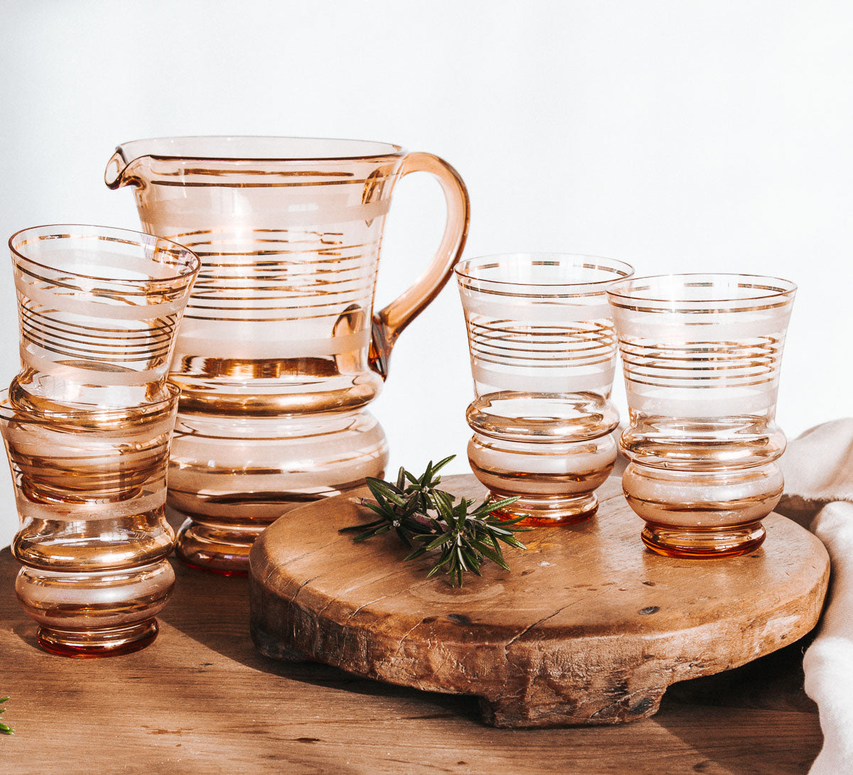 vintage bohemian gold glass jug with blush tones and 6 glass tumblers