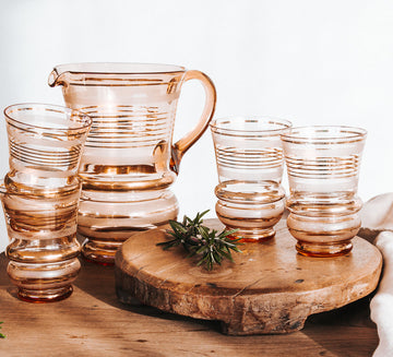 vintage bohemian gold glass jug with blush tones and 6 glass tumblers