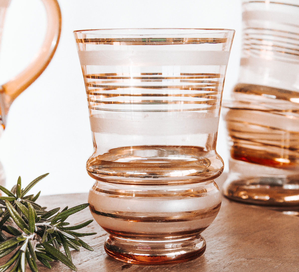 vintage bohemian gold glass jug with blush tones and 6 glass tumblers