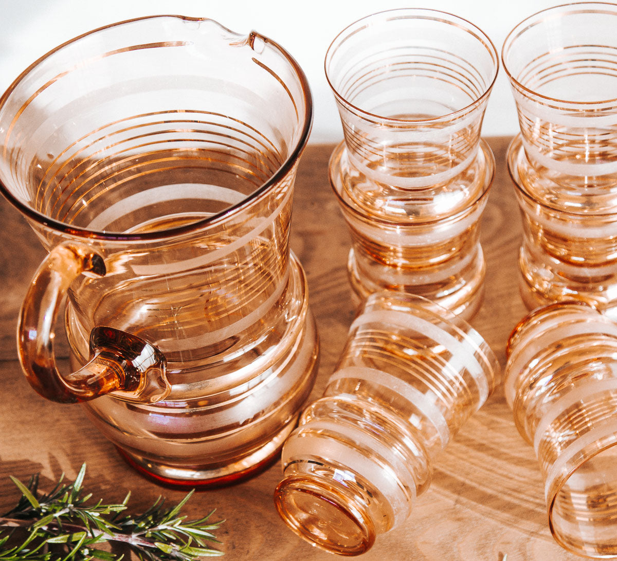 vintage bohemian gold glass jug with blush tones and 6 glass tumblers