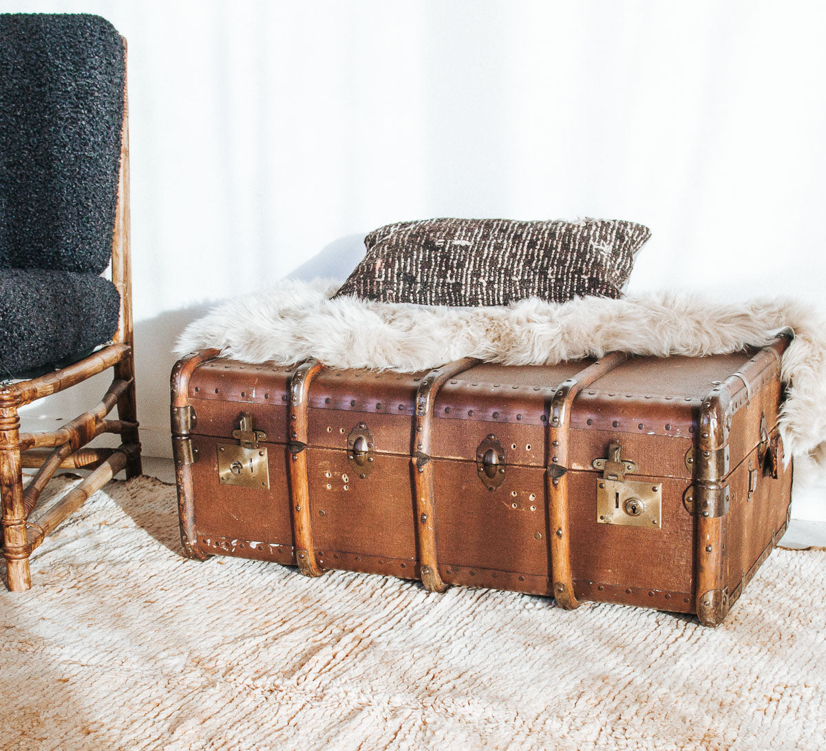 vintage boho retro antique canvas suitcase trunk with wooden runners and metal edges.  Cool industiral vibe.  Use it as as table or storage