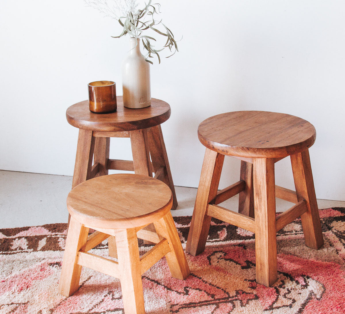 boho small wooden teak round kiddies stool or plant holder