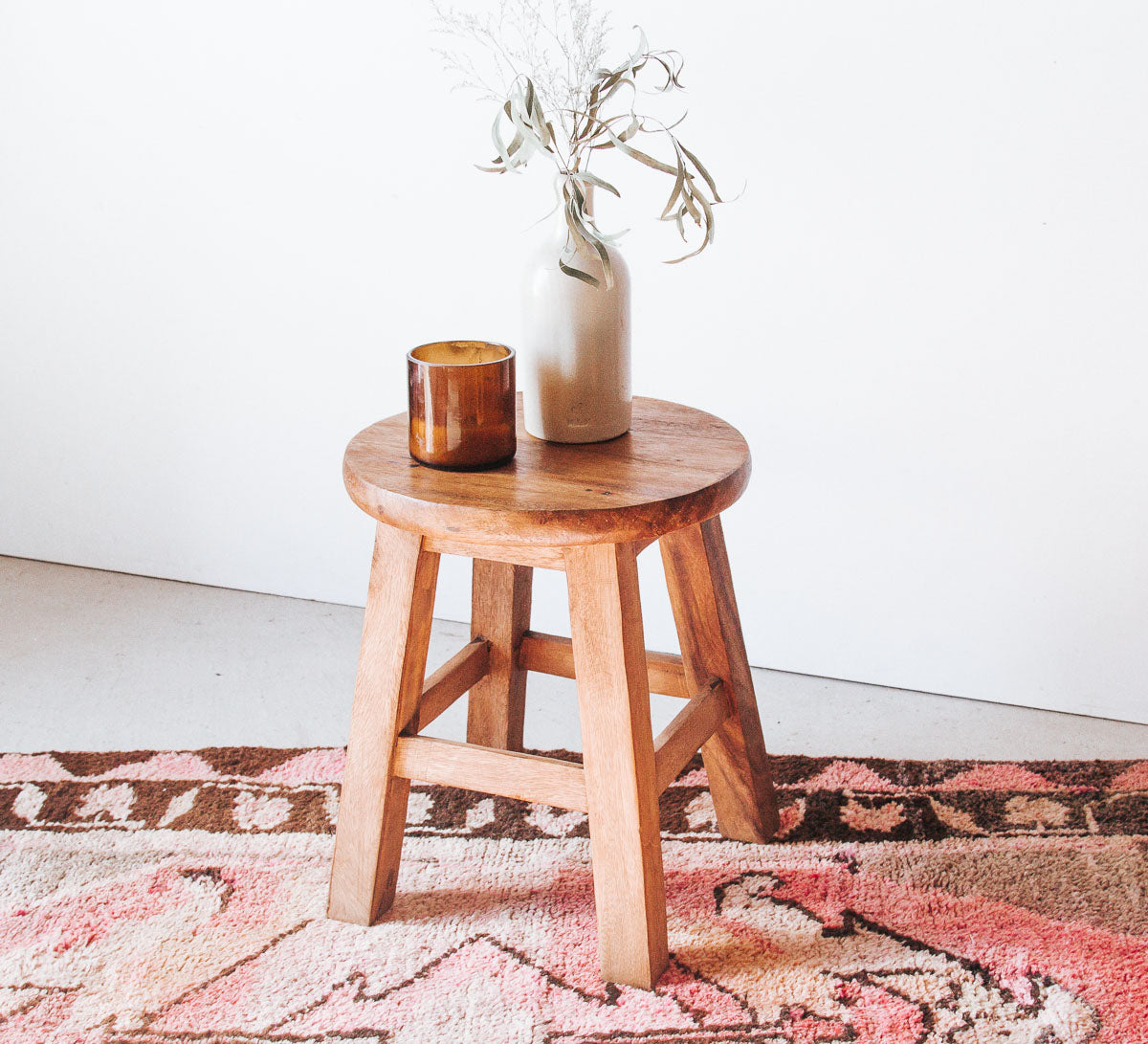 boho small wooden teak round kiddies stool or plant holder