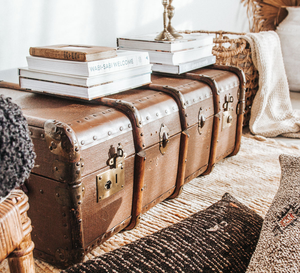 vintage boho retro antique canvas suitcase trunk with wooden runners and metal edges.  Cool industiral vibe.  Use it as as table or storage