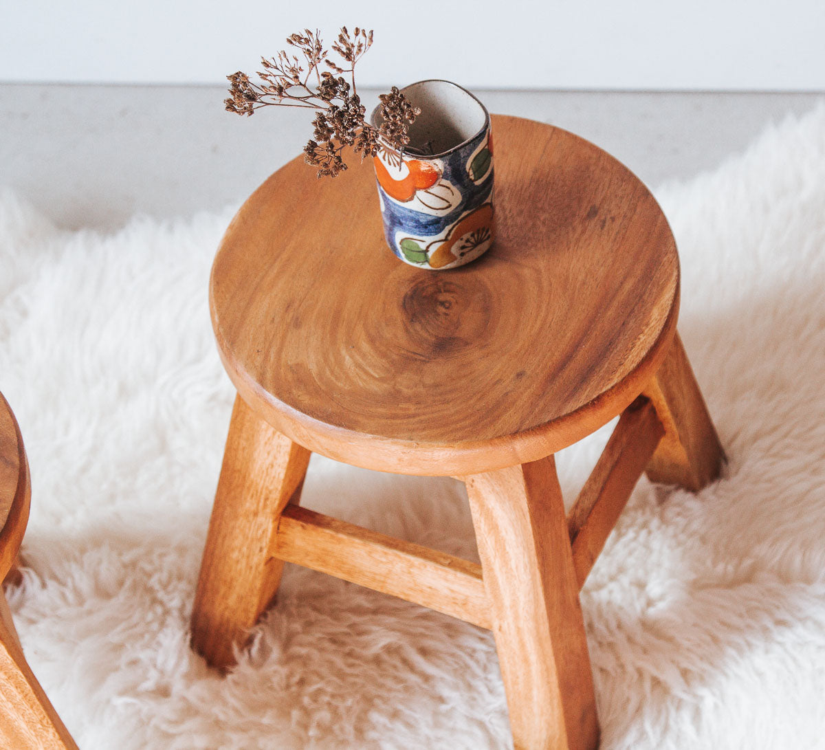 boho small wooden teak round kiddies stool or plant holder