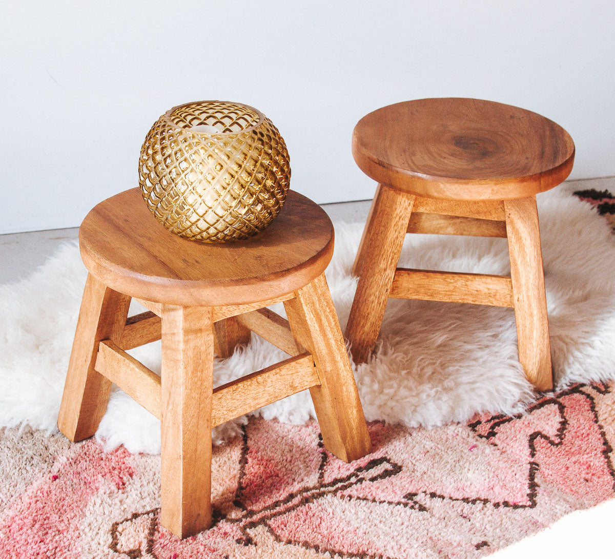 boho small wooden teak round kiddies stool or plant holder