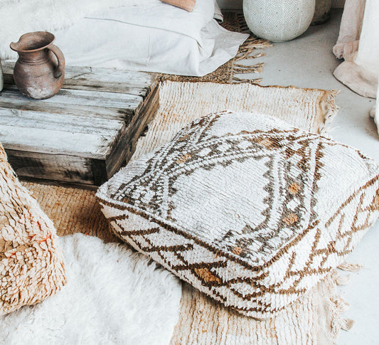 boho vintage moroccan wool boujaad rug recycled floor cushion pillow ottoman