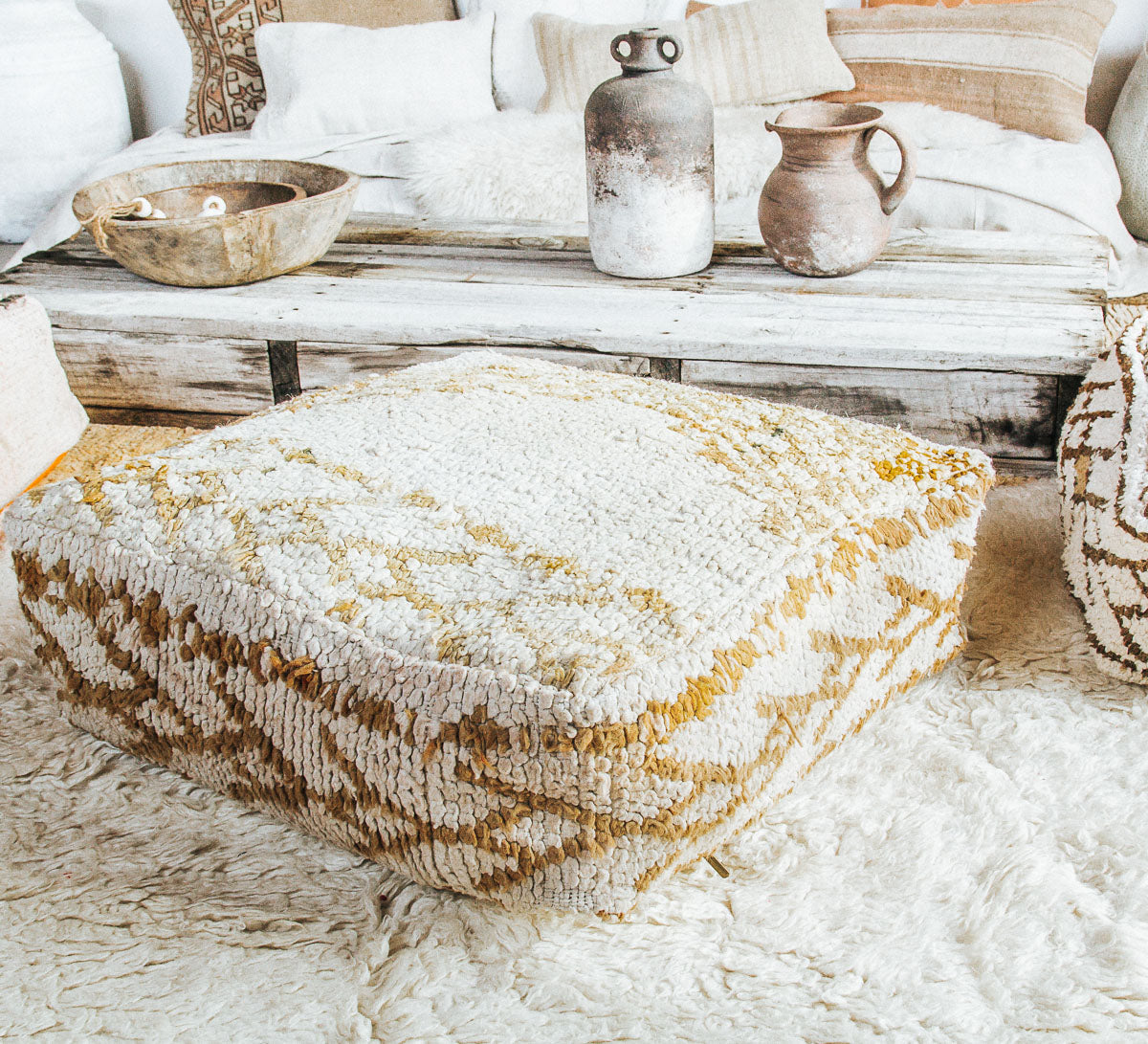 boho vintage moroccan wool boujaad rug recycled floor cushion pillow ottoman