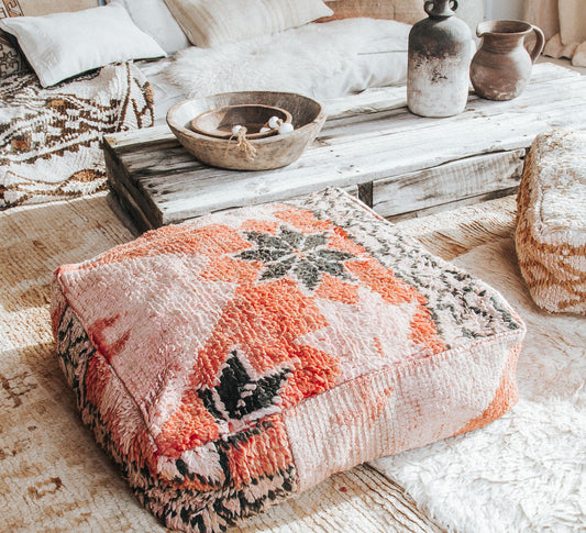boho vintage moroccan wool boujaad rug recycled floor cushion pillow