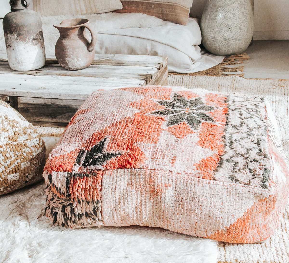 boho vintage moroccan wool boujaad rug recycled floor cushion pillow