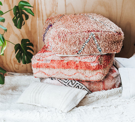 boho vintage moroccan rug recycled square woollen floor cushion pillow