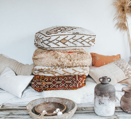 boho vintage moroccan wool boujaad rug recycled floor cushion pillow ottoman