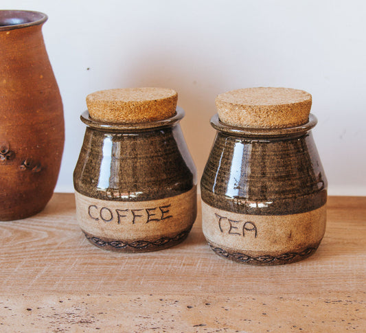 vintage rustic pottery coffee and tea canisters 