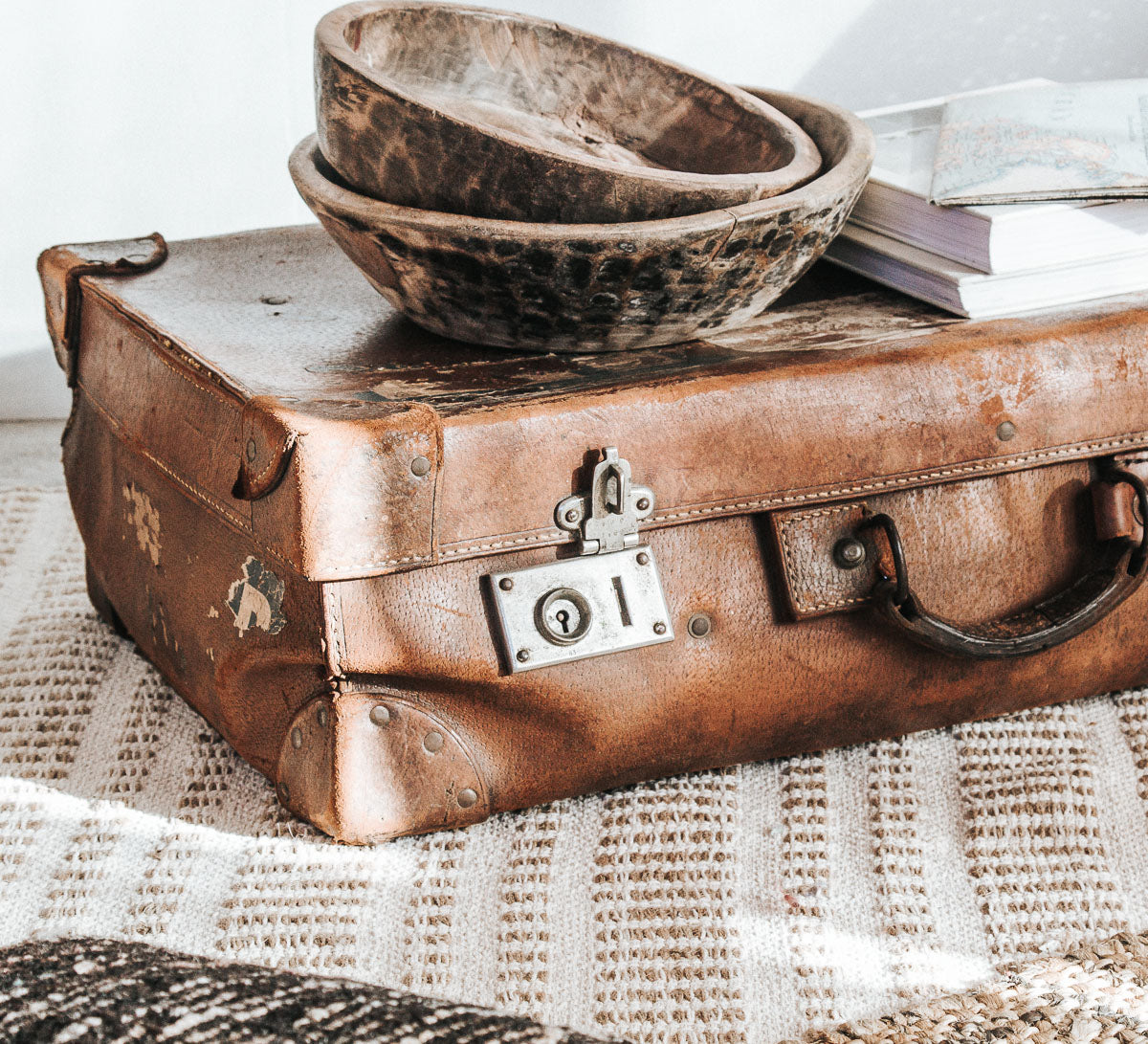 vintage antique italian milano leather suitcase from folies bergere theatre in paris 1950