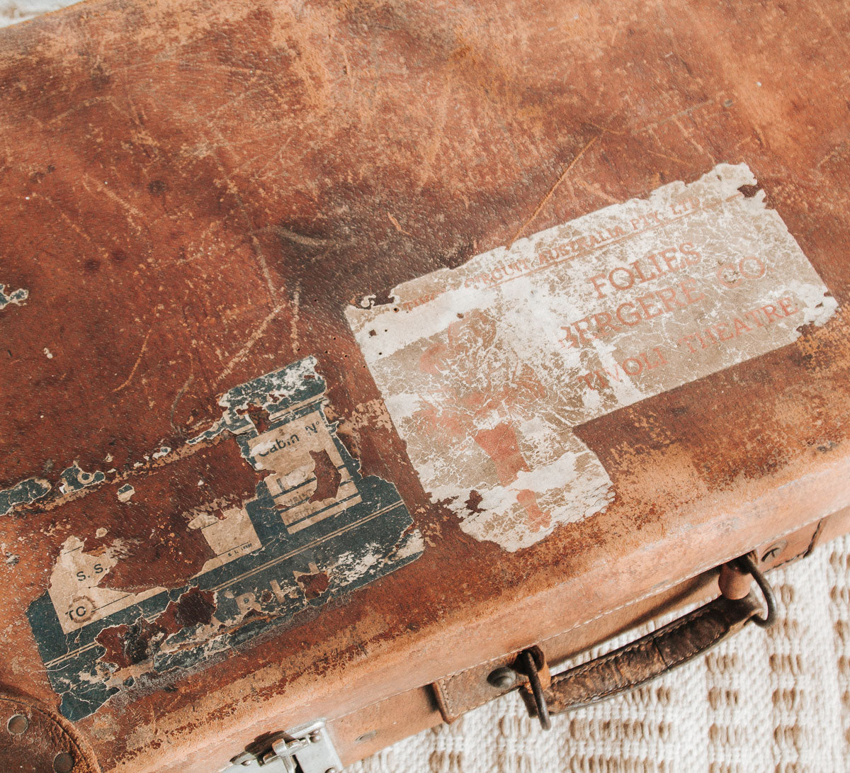 vintage antique italian milano leather suitcase from folies bergere theatre in paris 1950