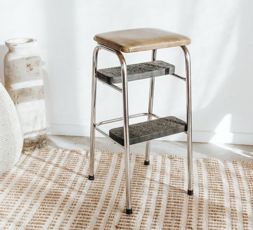 vintage retro chrome kitchen step stool with mustrad vinyl seat