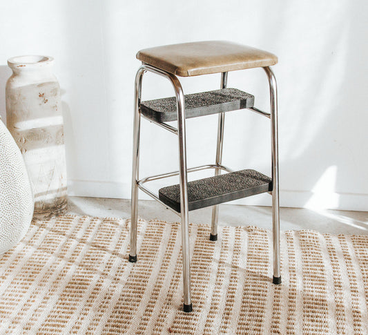 vintage retro chrome kitchen step stool with mustrad vinyl seat
