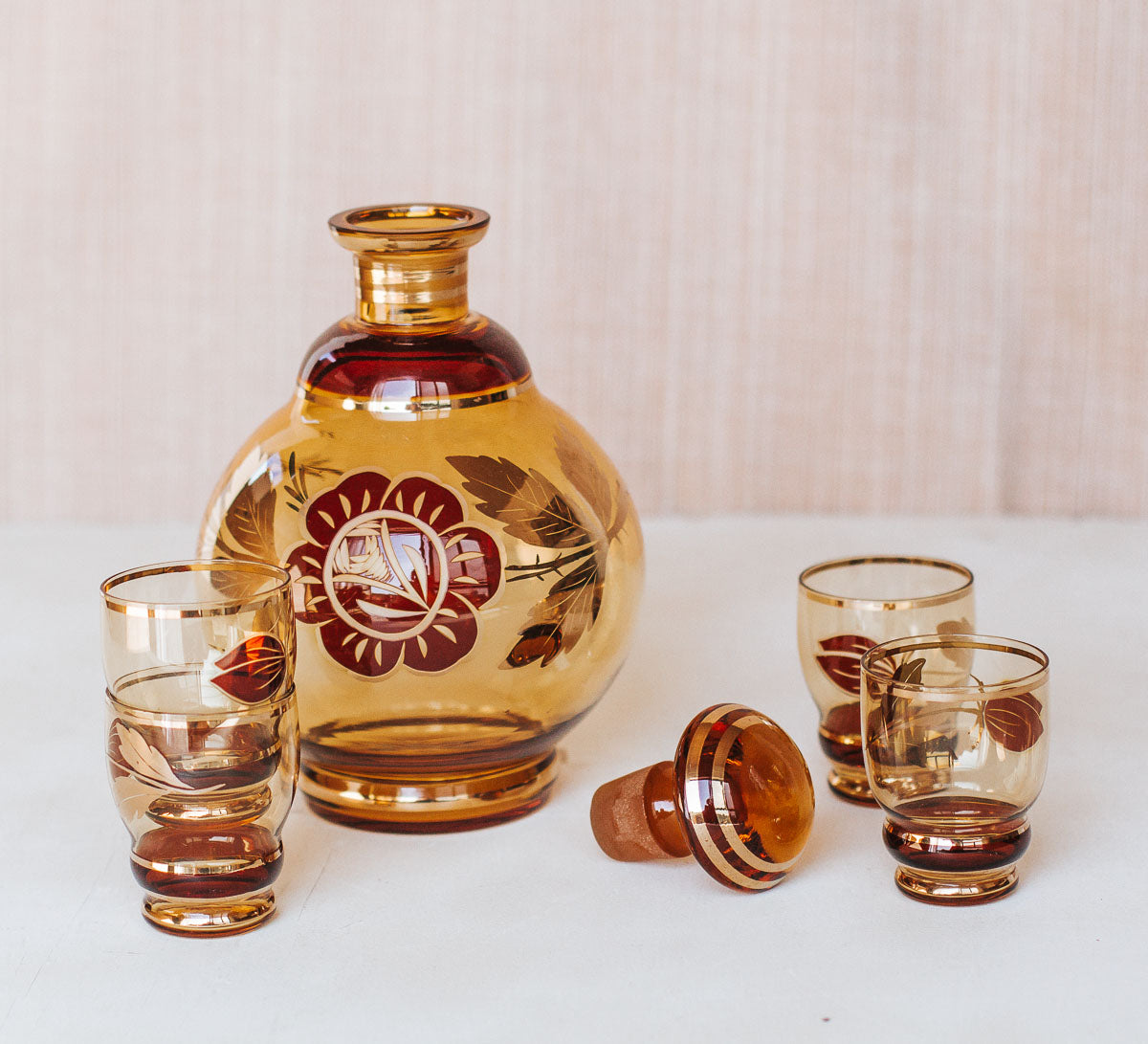 vintage boho bohemian amber gold glass decanter and glasses