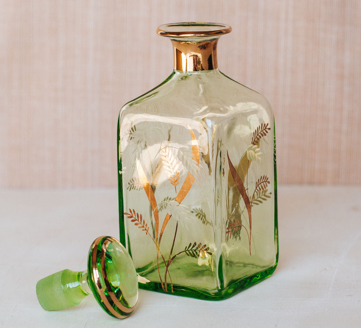 vintage green and gold square shaped glass decanter