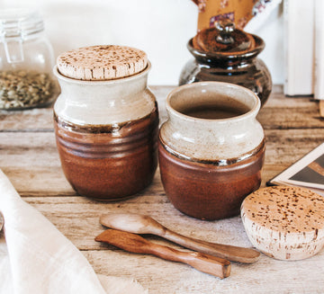 vintage boho pottery storage jar cannisters with cork lid