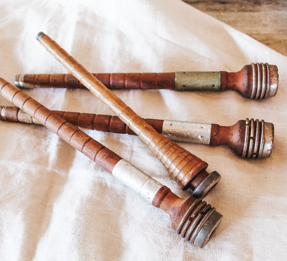 vintage boho metal and wood spools