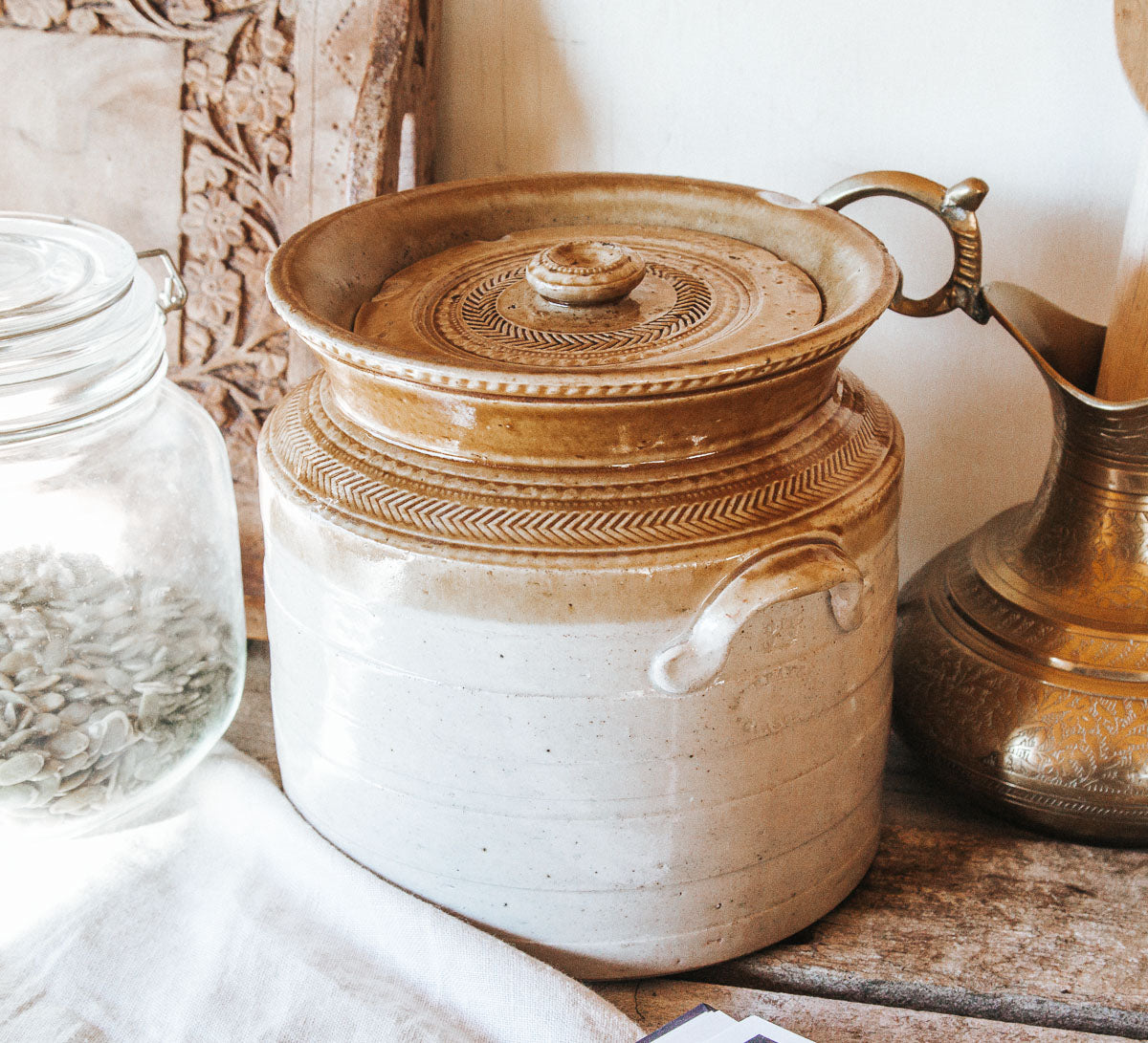 vintage boho stone crock jar with lid