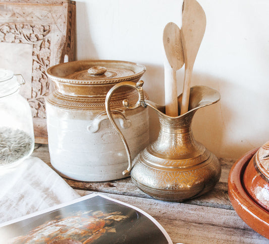 vintage boho brass indian moroccan engraved jug vase with fancy handle