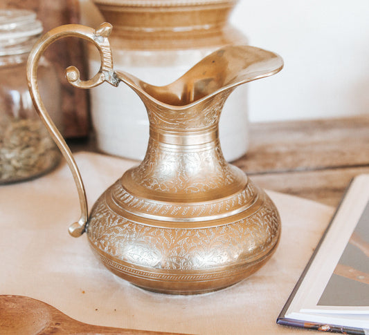 vintage boho brass indian moroccan engraved jug vase with fancy handle