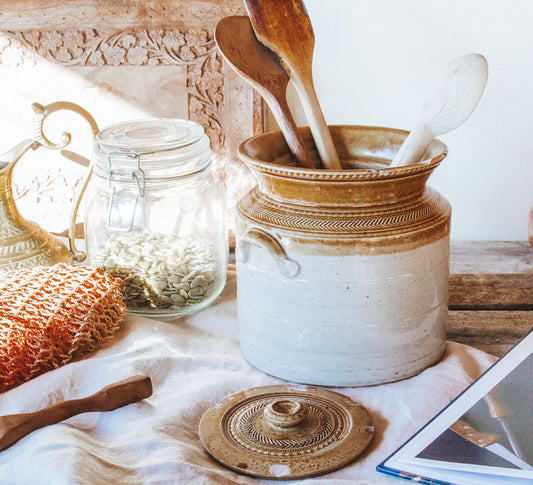 vintage boho stone crock jar with lid
