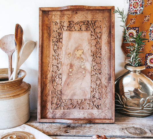 vintage indian wooden handcarved serving tray