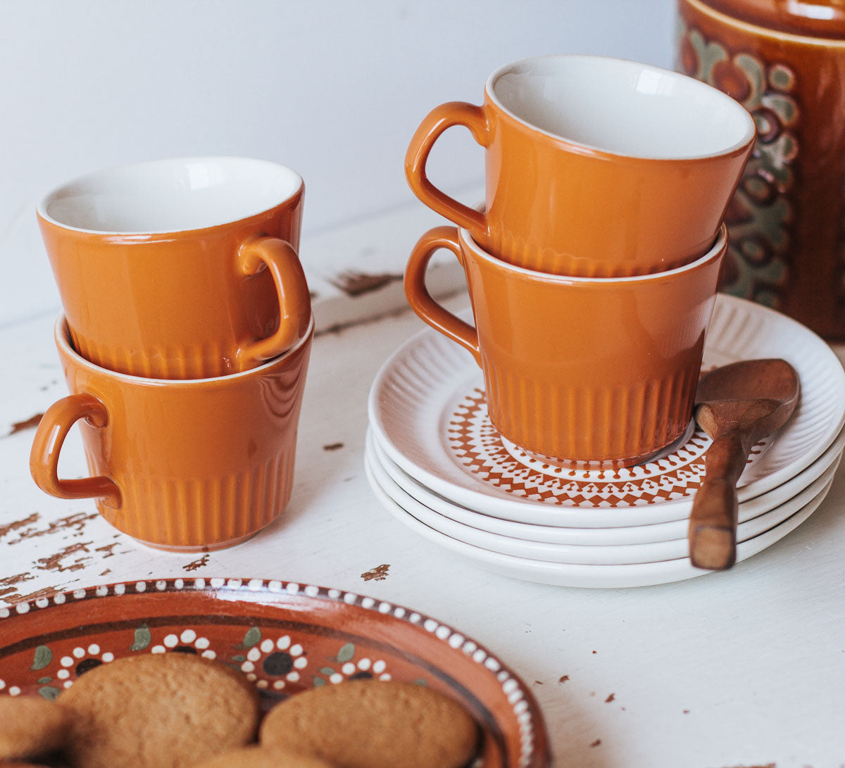 vintage boho crown lynn kelston orange rerto coffee cup mugs and saucers