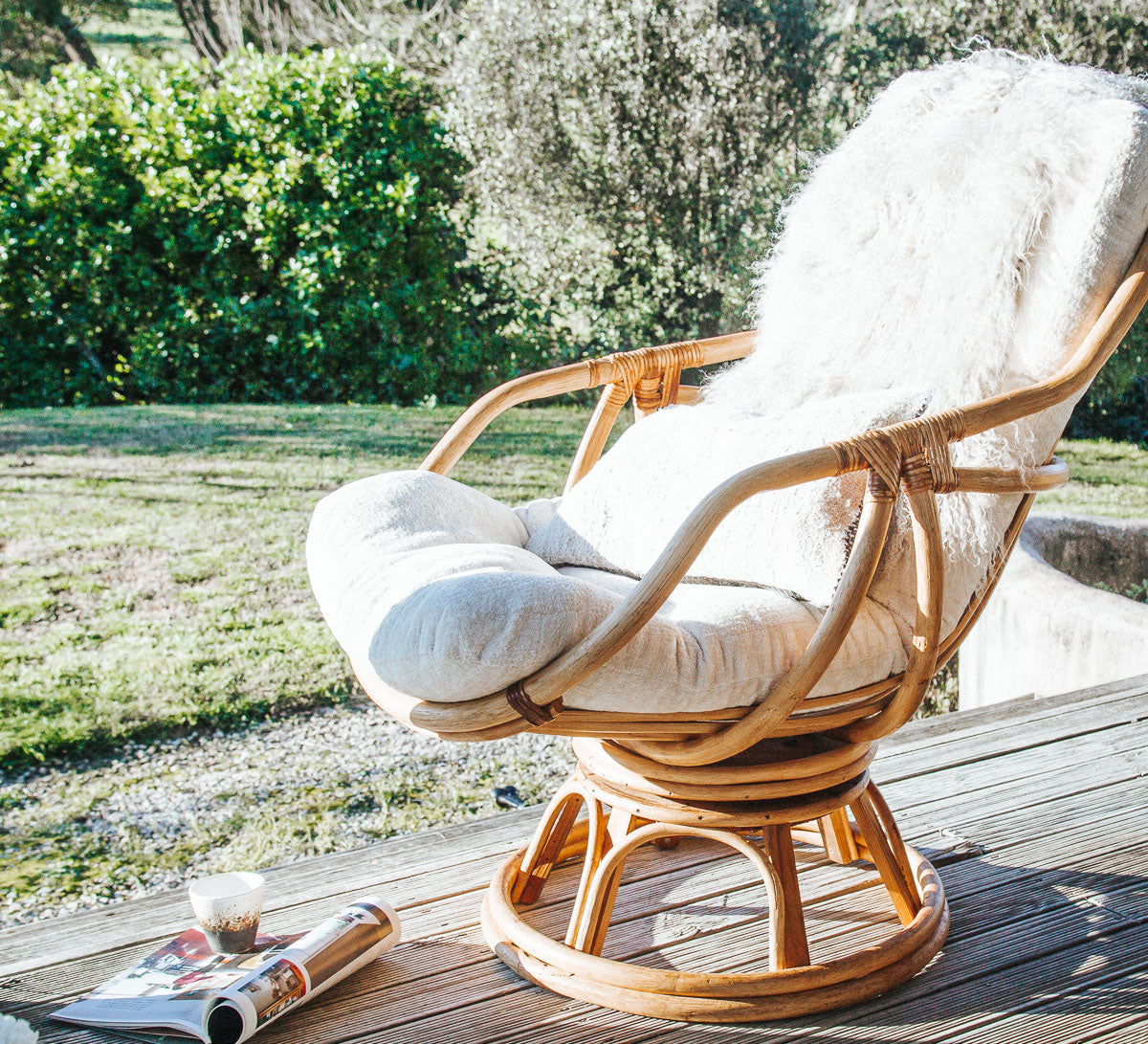 vintage cane rattan boho swivel armchair with upholstered velvet cushion