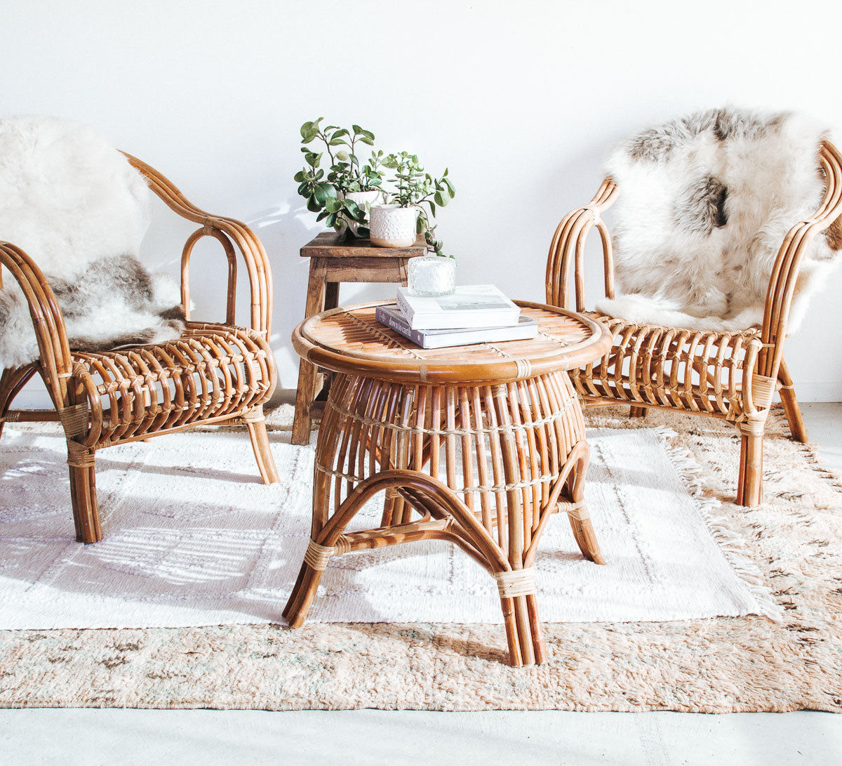 rattan cane boho curved armcharis and side table