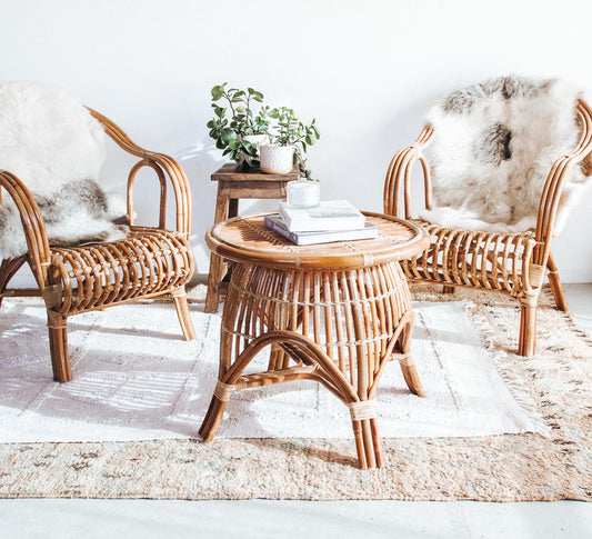 rattan cane boho curved armcharis and side table