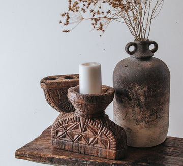vintage rustic indian seeder carved candle holder