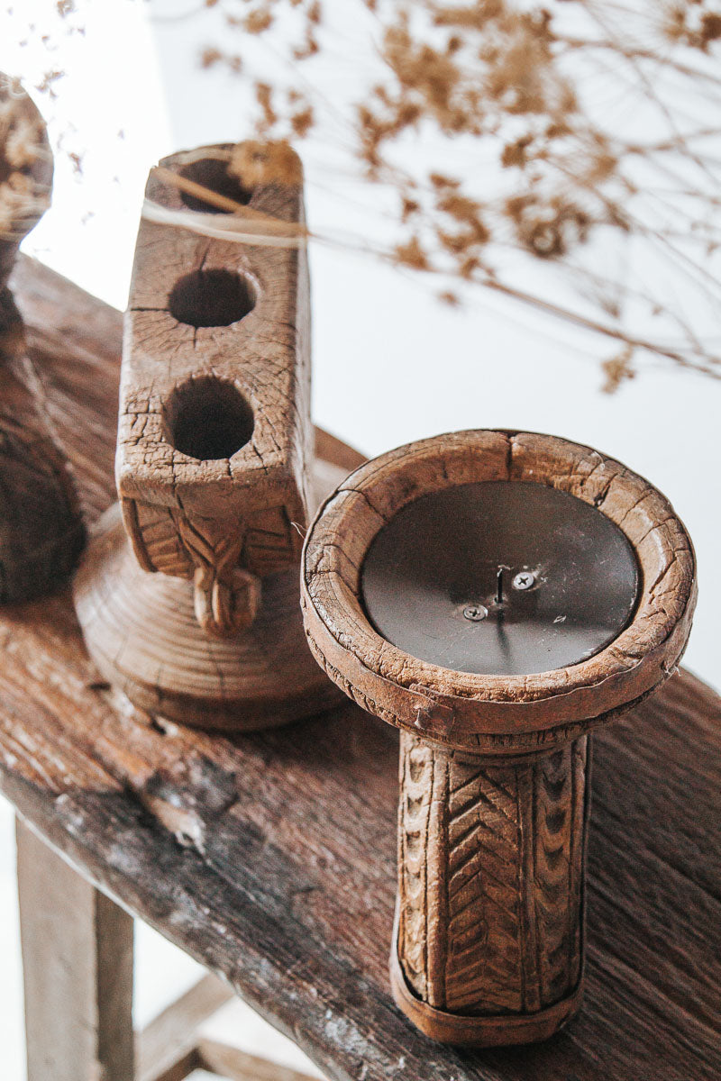 vintage rustic indian seeder carved candle holder