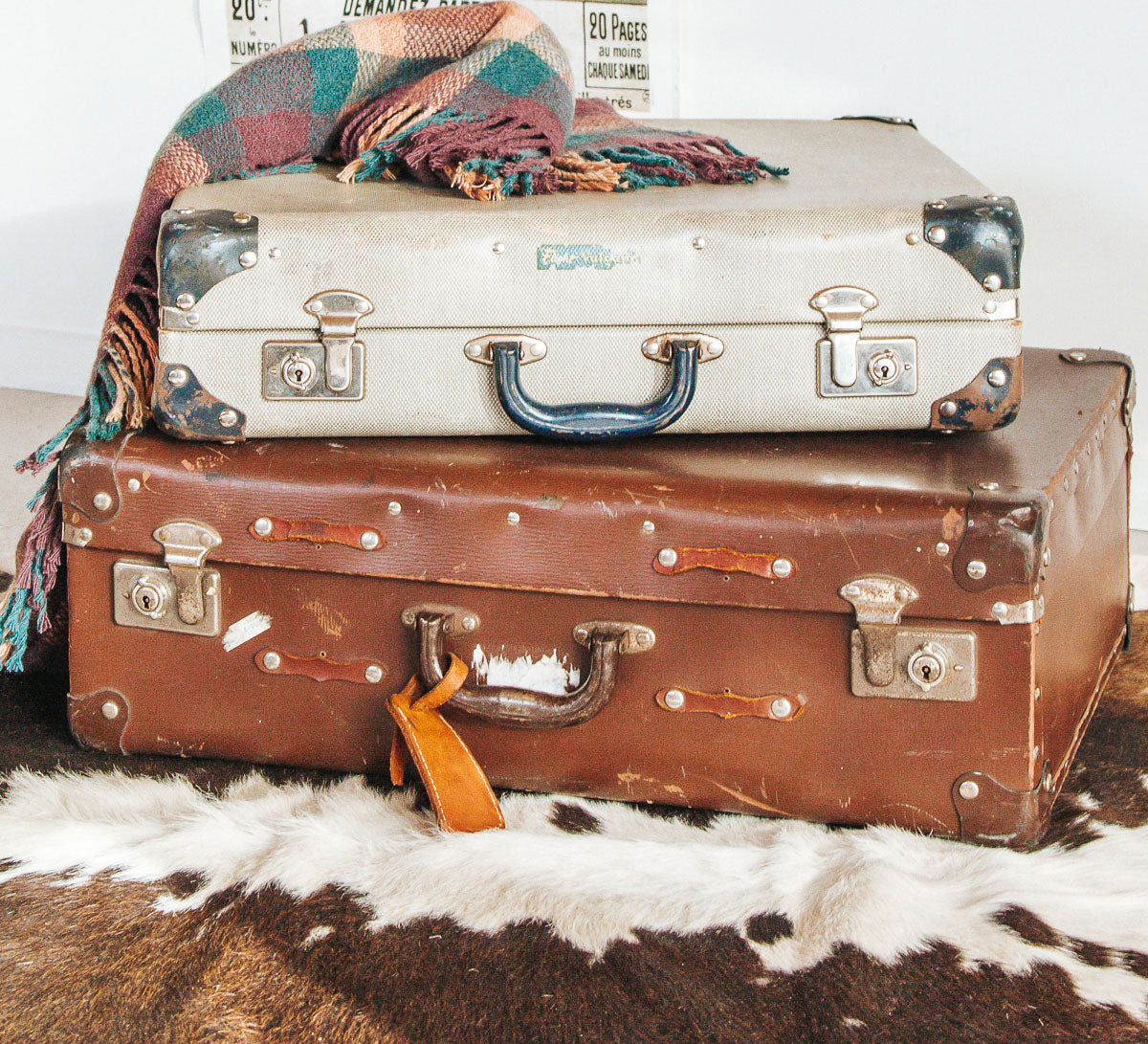 antique vintage boho suitcase with leather straps