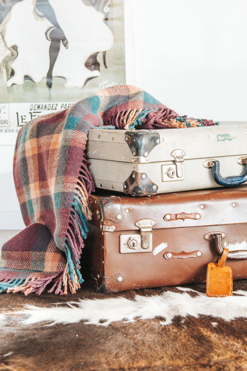 antique vintage boho suitcase with leather straps