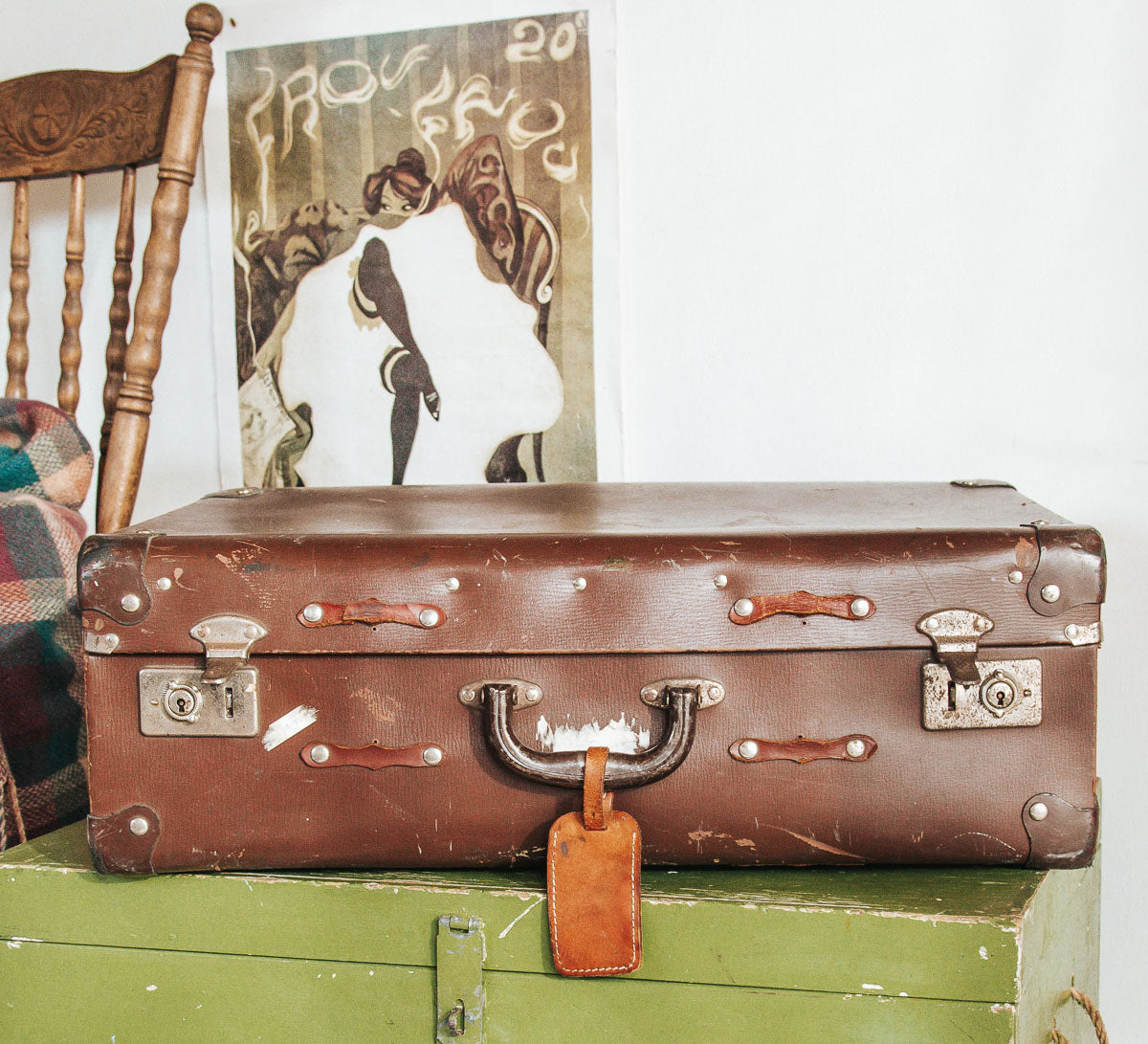 antique vintage boho suitcase with leather straps