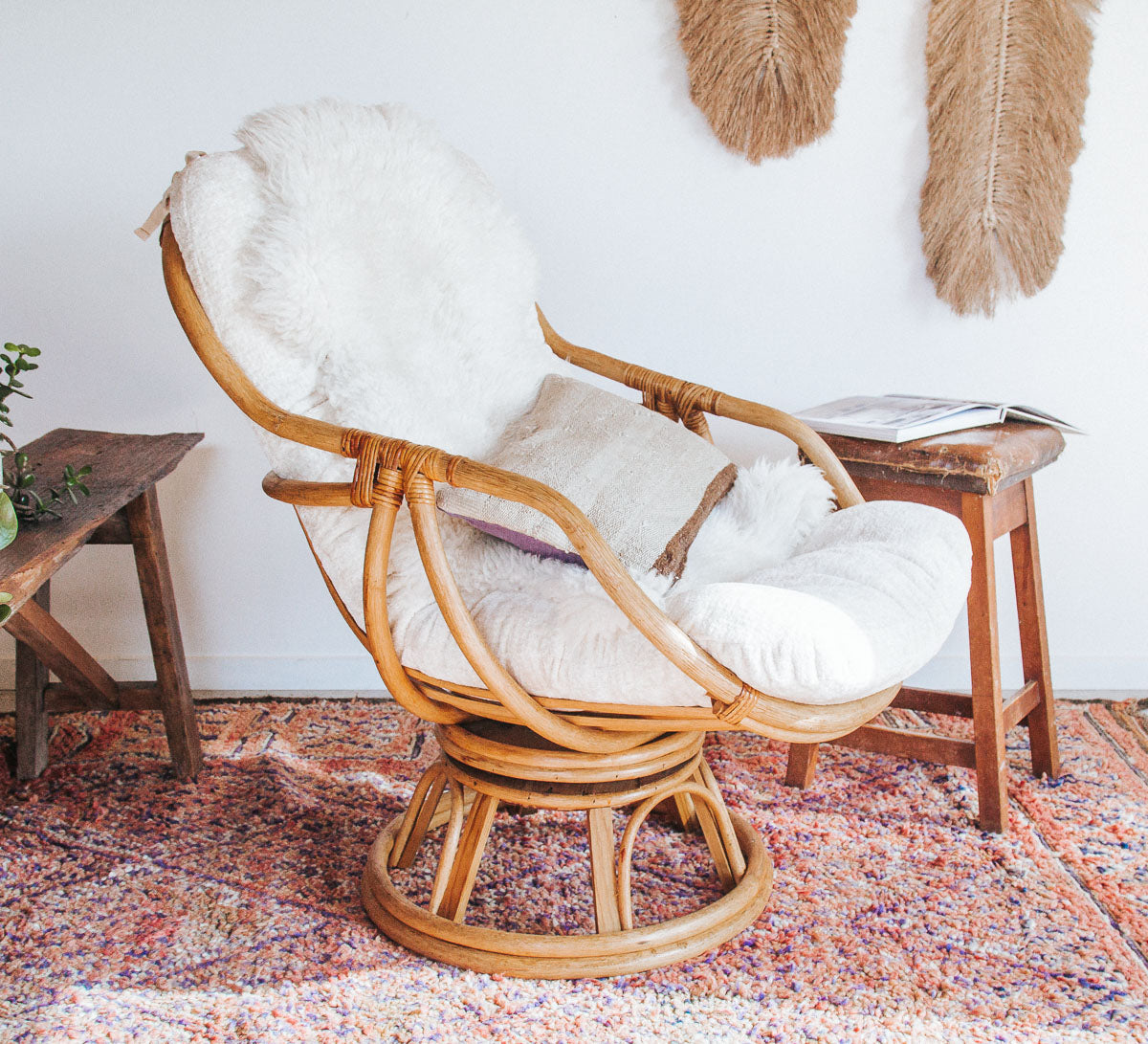 vintage cane rattan boho swivel armchair with upholstered velvet cushion