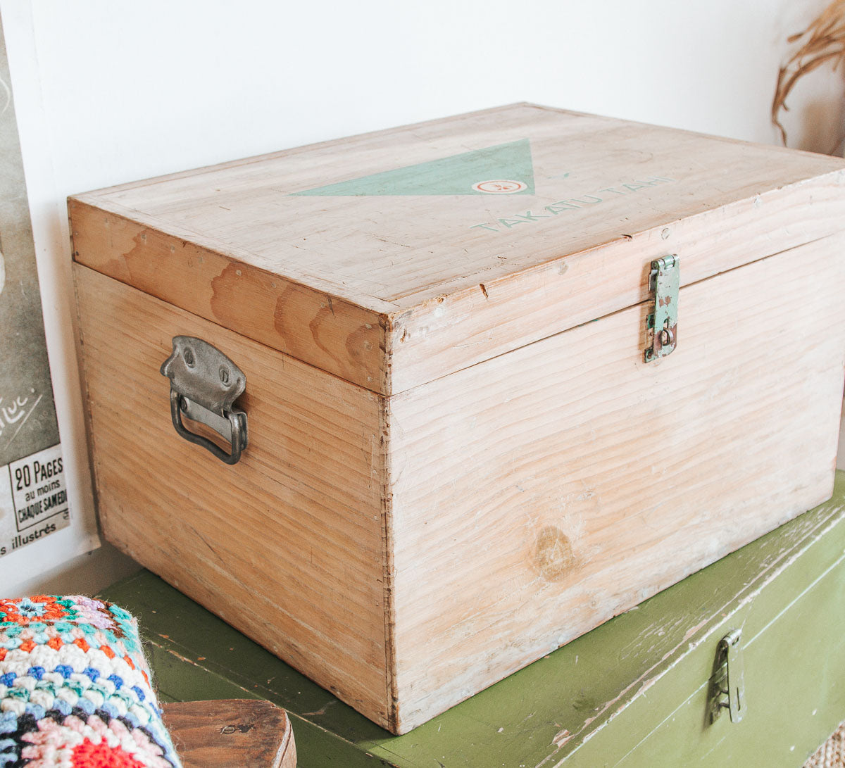 vintage boho wooden storage toy box chest with takatu tahi written on top