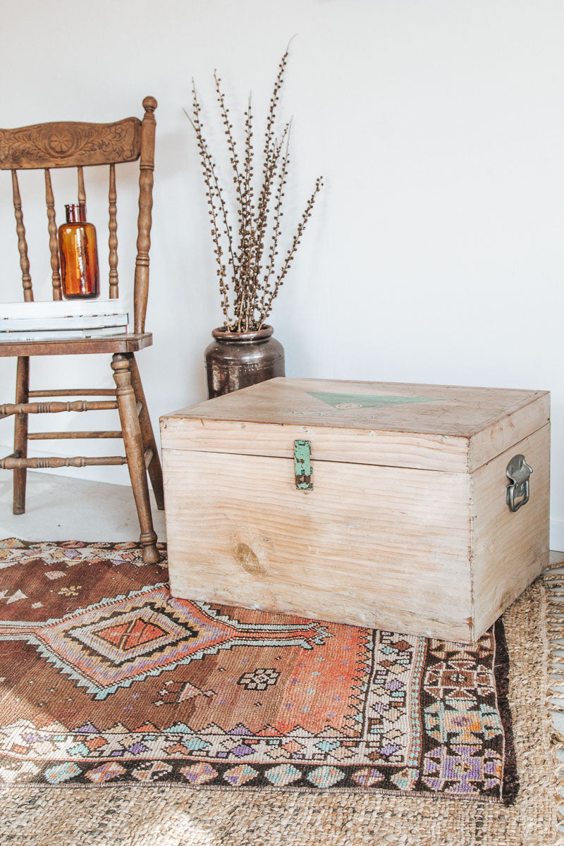 vintage boho wooden storage toy box chest with takatu tahi written on top